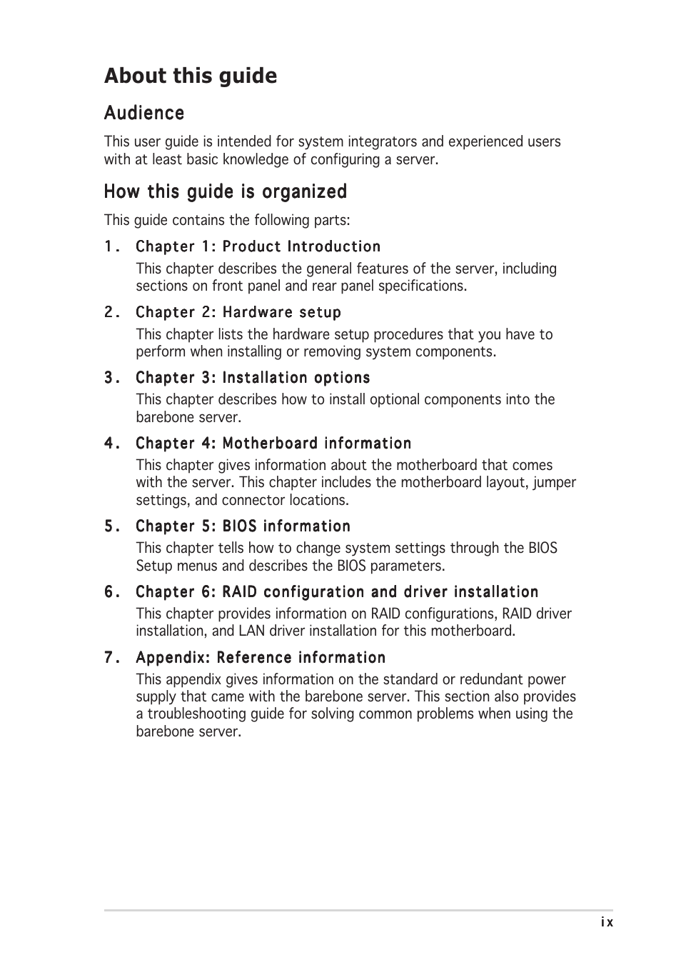 About this guide, Audience, How this guide is organized | Asus TS150-E2 User Manual | Page 9 / 134