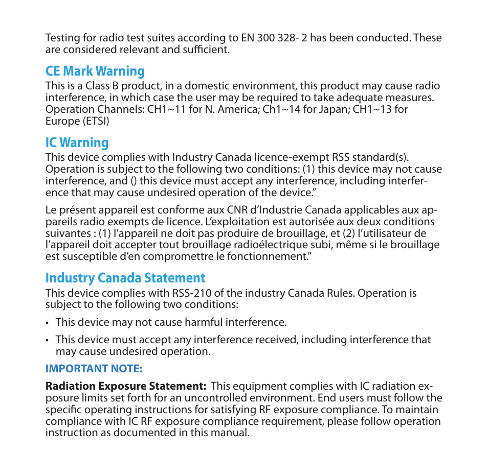 Ce mark warning, Ic warning, Industry canada statement | Asus EA-N66 User Manual | Page 13 / 14