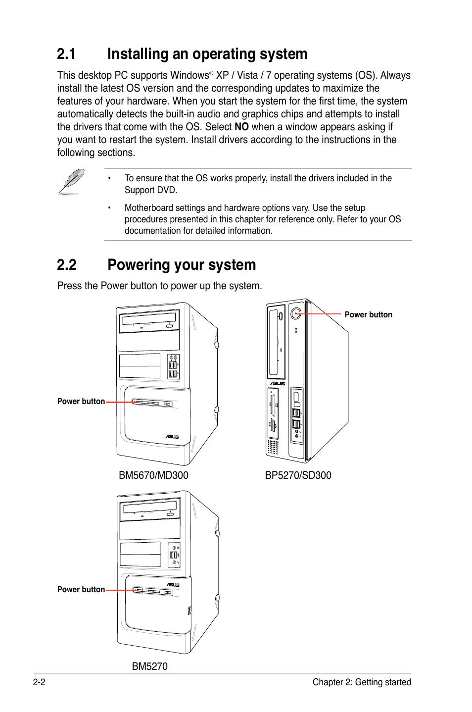 1 installing an operating system, 2 powering your system, Installing an operating system -2 | Powering your system -2 | Asus BP5270 User Manual | Page 18 / 35