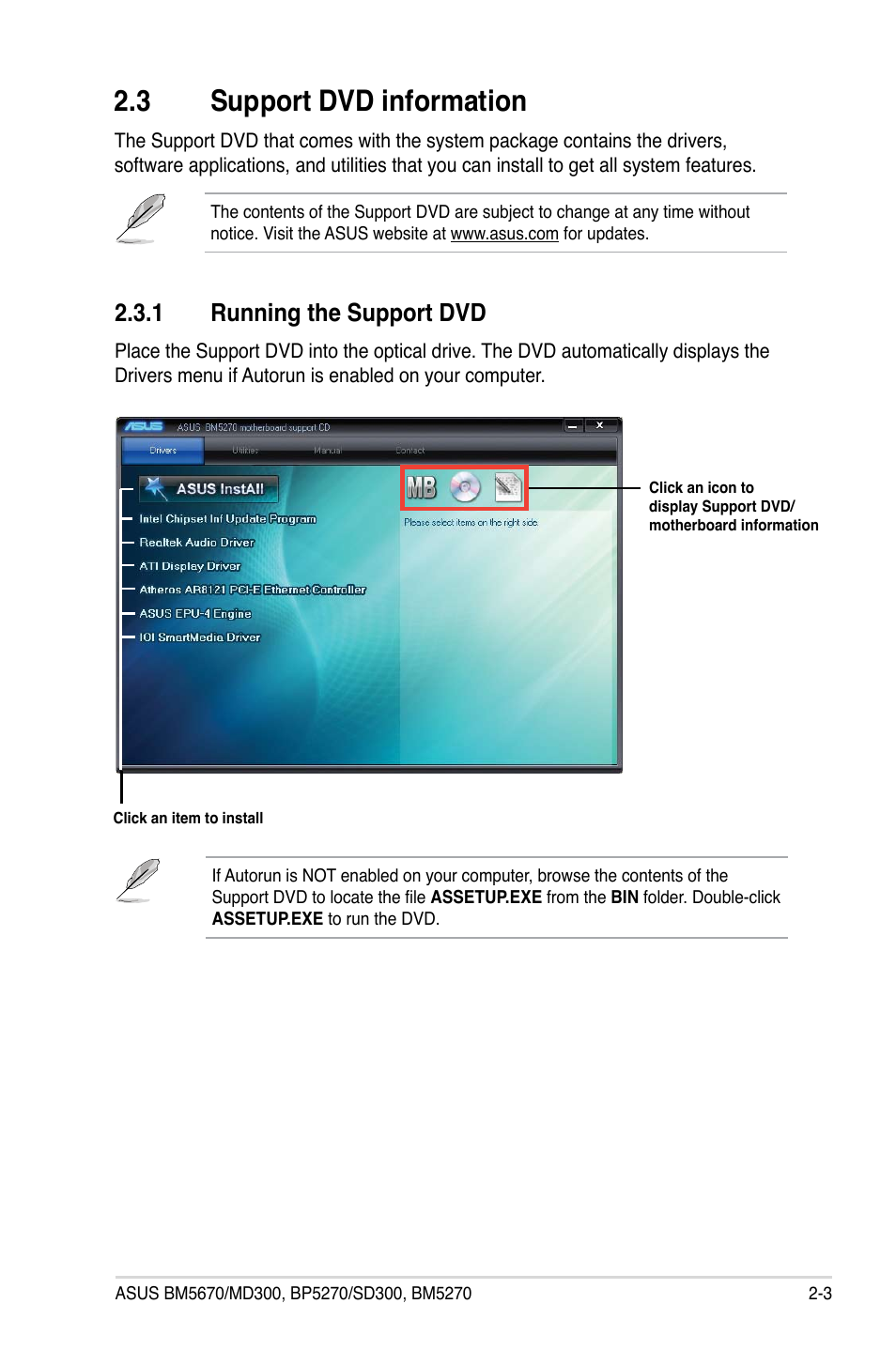 3 support dvd information, 1 running the support dvd, Support dvd information -3 2.3.1 | Running the support dvd -3 | Asus BP5270 User Manual | Page 19 / 35