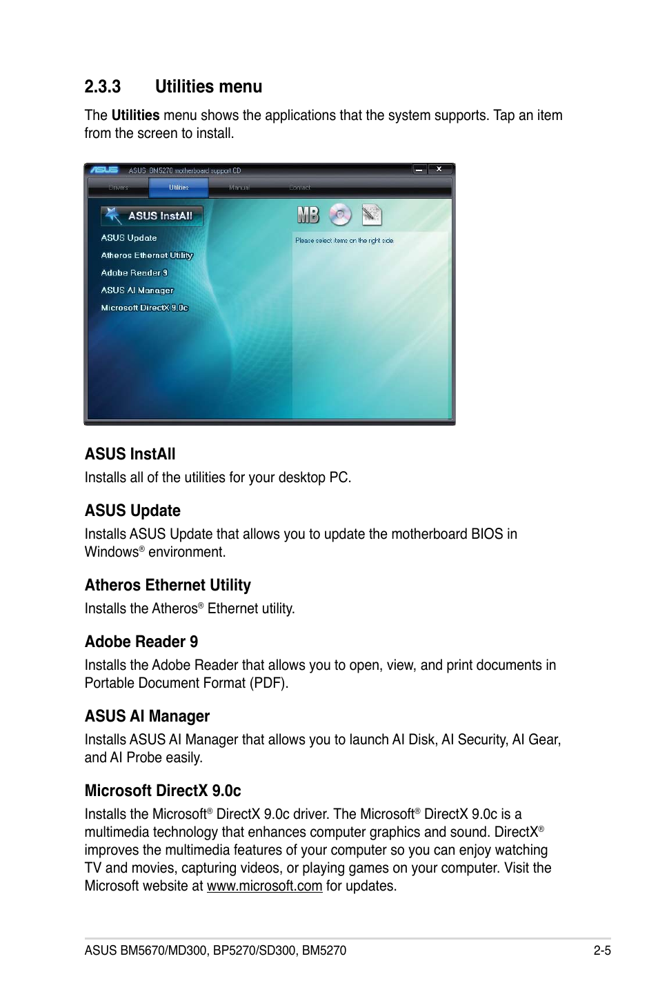 3 utilities menu, Utilities menu -5, Asus install | Asus update, Atheros ethernet utility, Adobe reader 9, Asus ai manager, Microsoft directx 9.0c | Asus BP5270 User Manual | Page 21 / 35