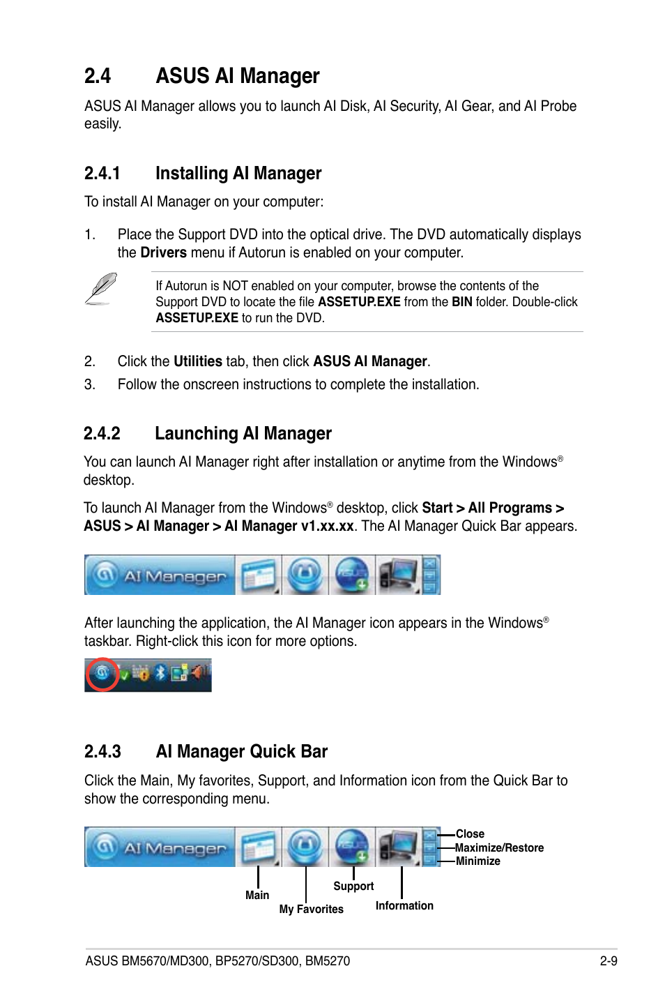 4 asus ai manager, 1 installing ai manager, 2 launching ai manager | 3 ai manager quick bar, Asus ai manager -9 2.4.1, Installing ai manager -9, Launching ai manager -9, Ai manager quick bar -9 | Asus BP5270 User Manual | Page 25 / 35