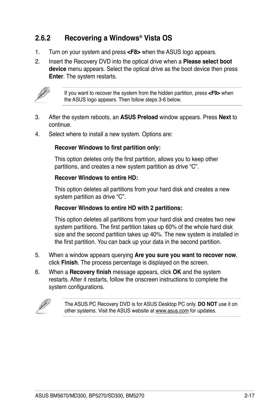 2 recovering a windows® vista os, Recovering a windows, Vista os -17 | 2 recovering a windows, Vista os | Asus BP5270 User Manual | Page 33 / 35