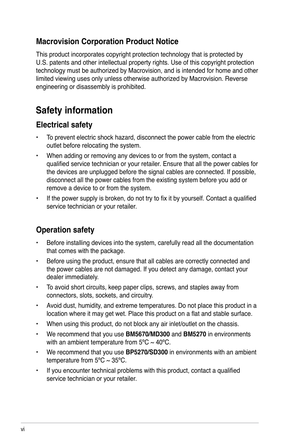 Safety information, Electrical safety, Operation safety | Macrovision corporation product notice | Asus BP5270 User Manual | Page 6 / 35