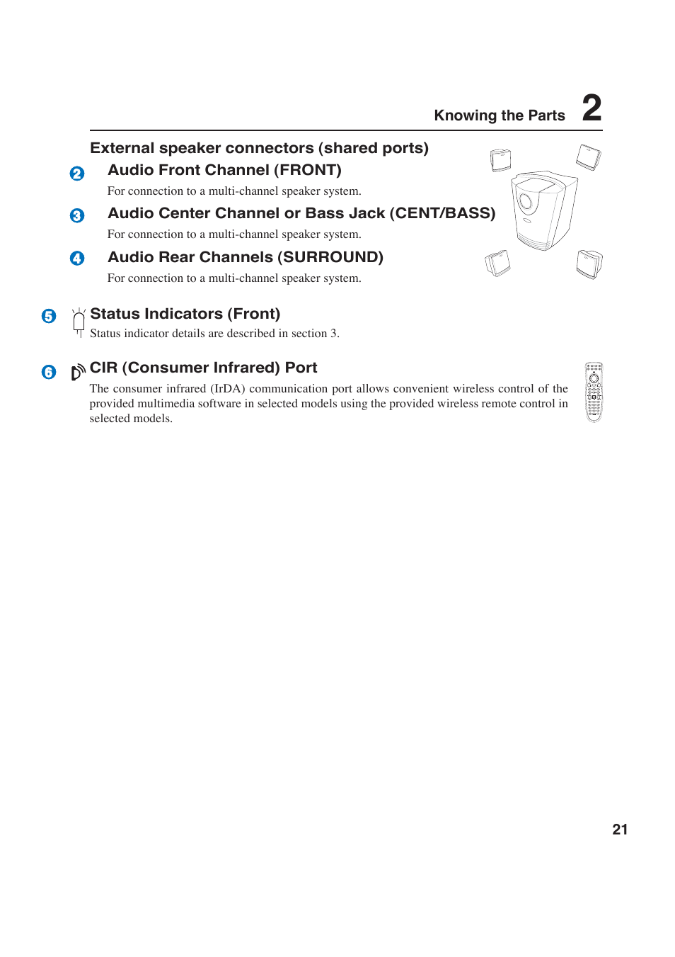 21 knowing the parts, Status indicators (front), Cir (consumer infrared) port | Audio center channel or bass jack (cent/bass), Audio rear channels (surround) | Asus W2P User Manual | Page 21 / 73