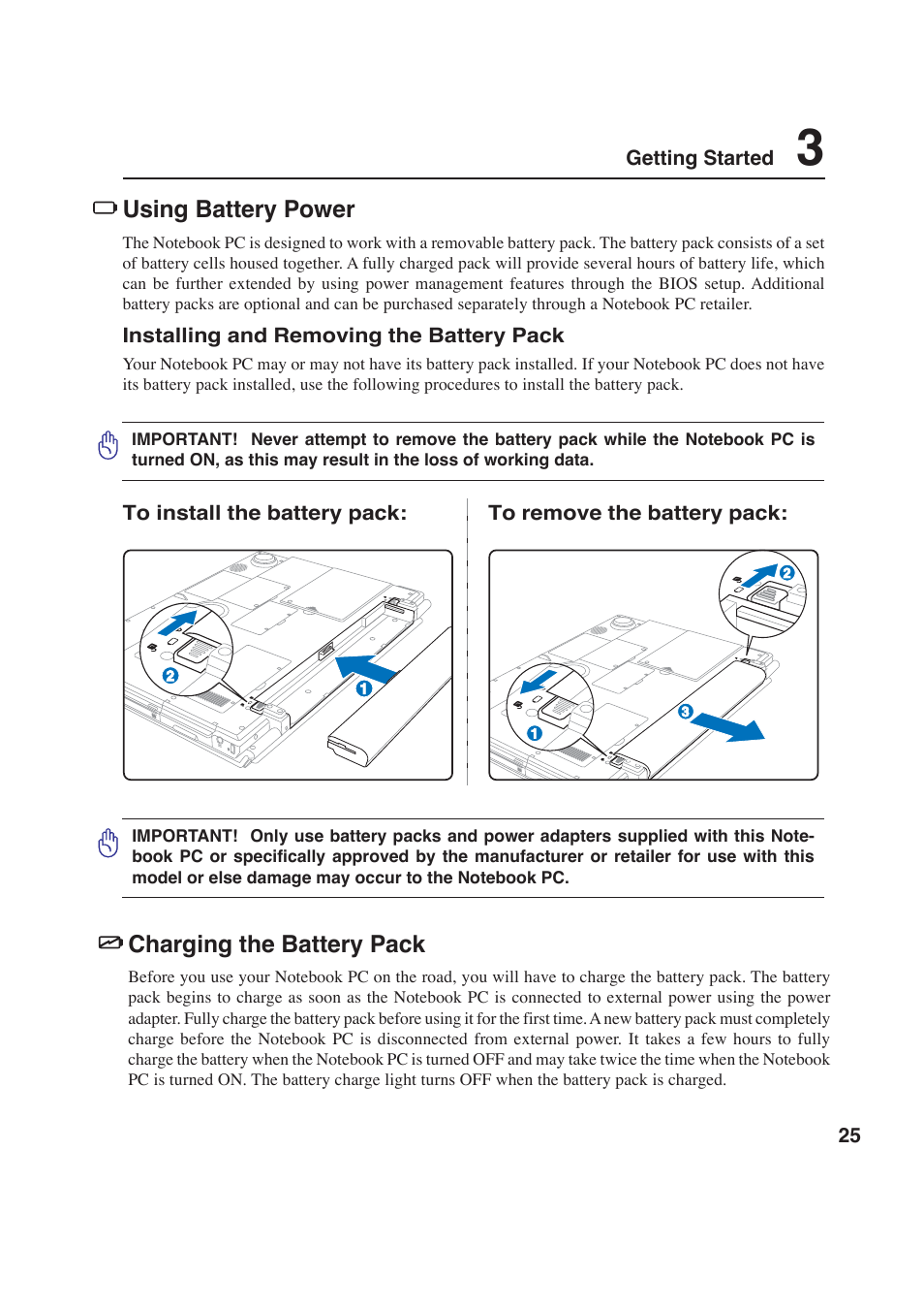 Using battery power, Charging the battery pack | Asus W2P User Manual | Page 25 / 73