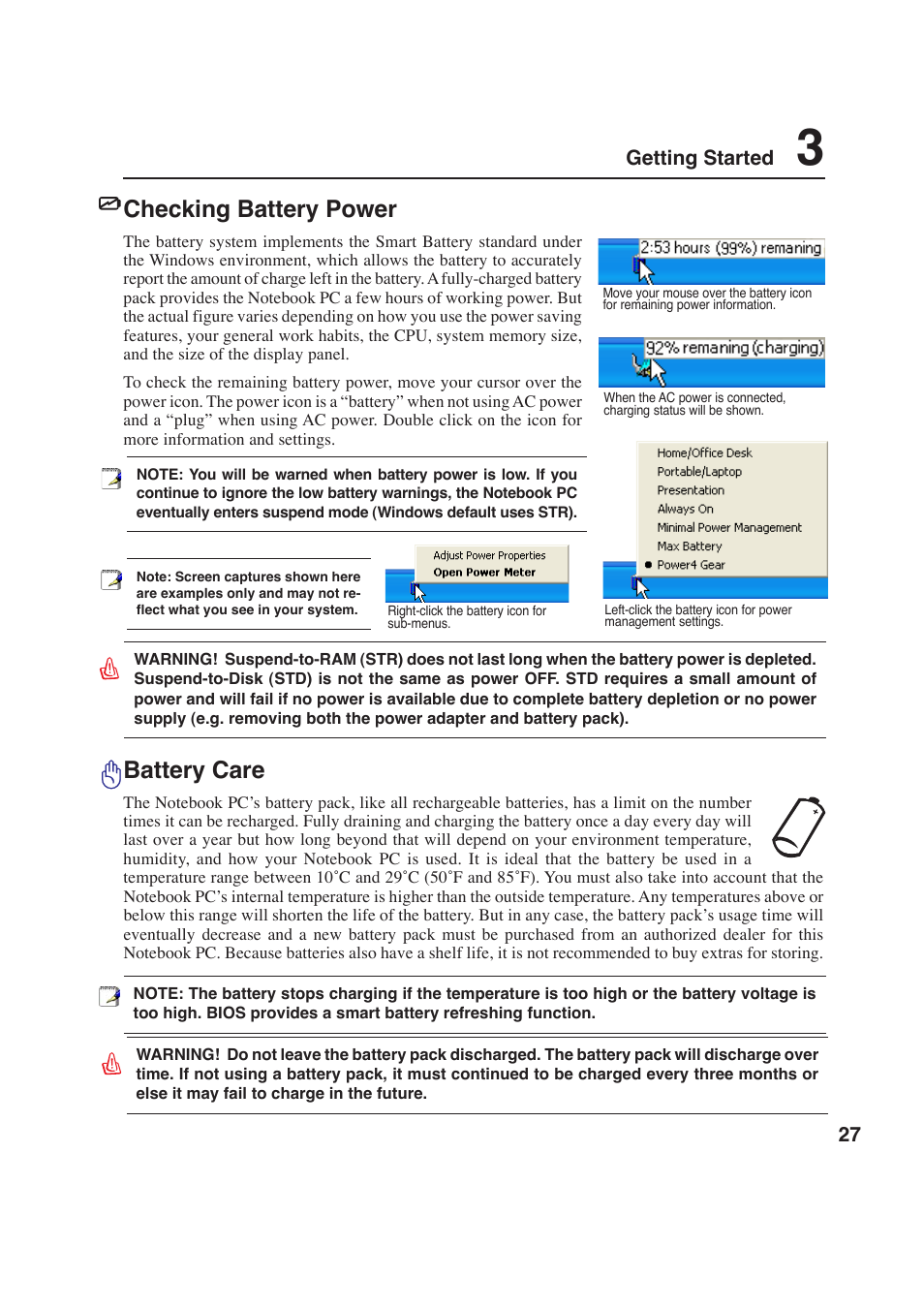 Checking battery power, Battery care | Asus W2P User Manual | Page 27 / 73