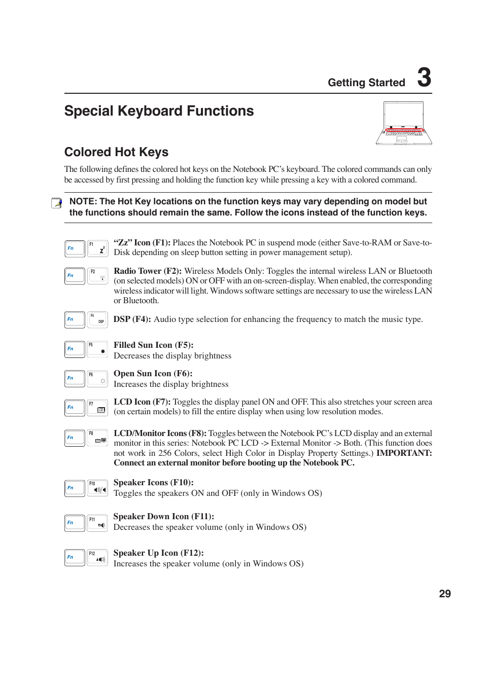 Special keyboard functions, Colored hot keys, 29 getting started | Asus W2P User Manual | Page 29 / 73