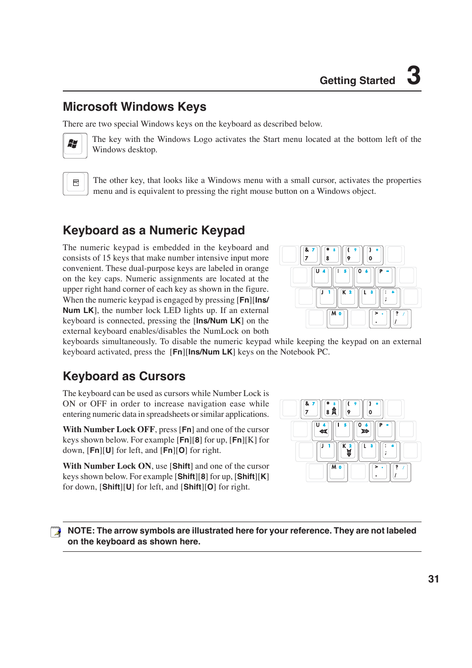 Microsoft windows keys, Keyboard as a numeric keypad, Keyboard as cursors | 31 getting started | Asus W2P User Manual | Page 31 / 73