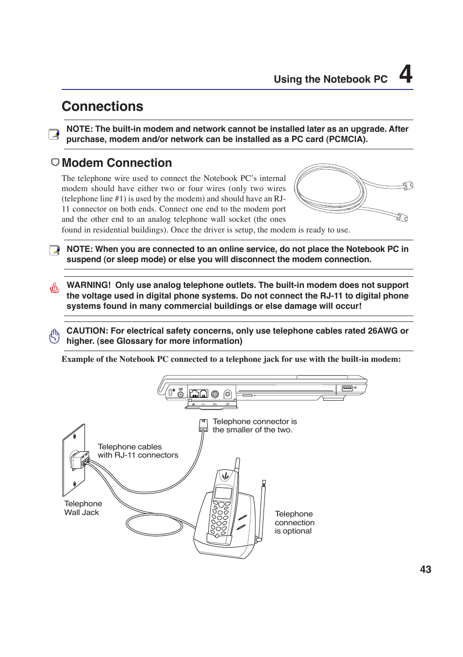 Connections, Modem connection | Asus W2P User Manual | Page 43 / 73