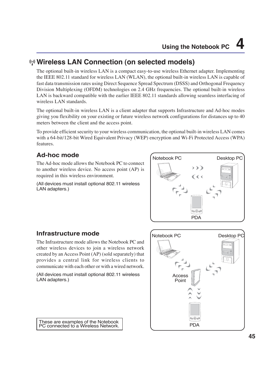 Wireless lan connection (on selected models) | Asus W2P User Manual | Page 45 / 73