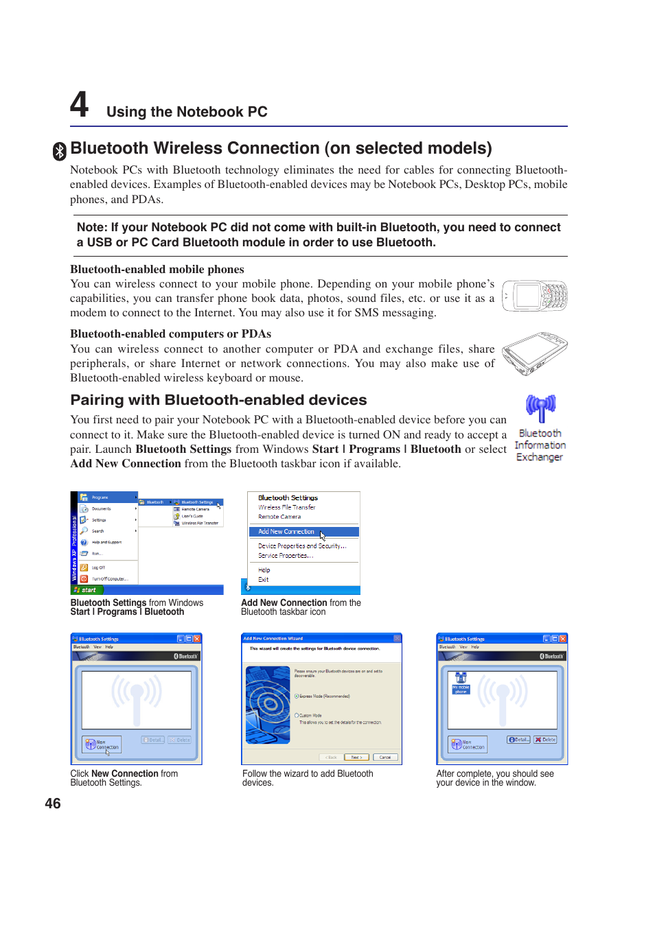 Bluetooth wireless connection (on selected models), Pairing with bluetooth-enabled devices | Asus W2P User Manual | Page 46 / 73