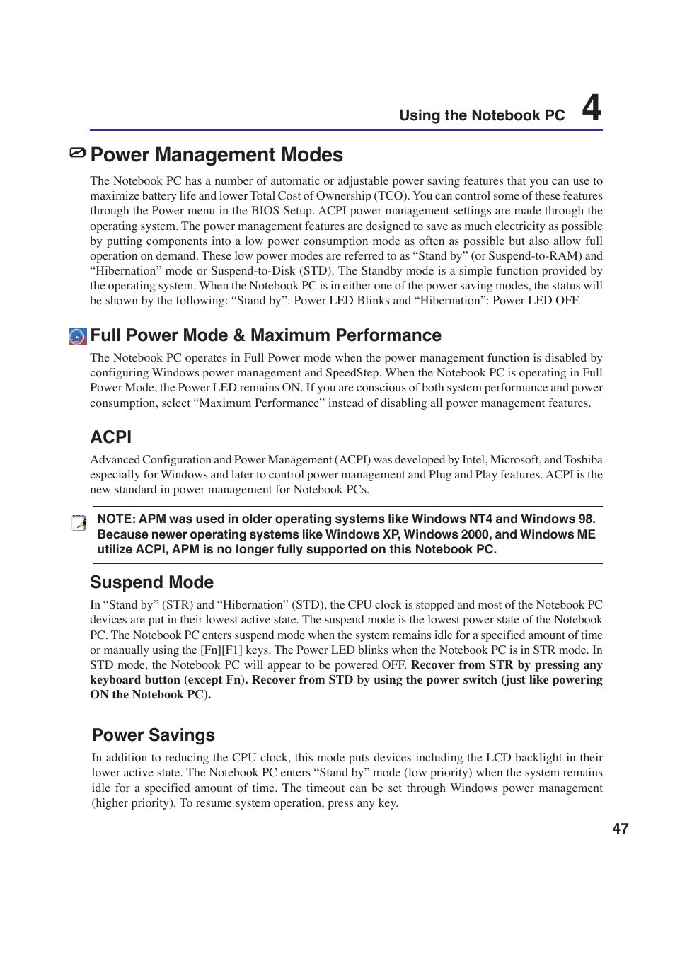 Power management modes | Asus W2P User Manual | Page 47 / 73