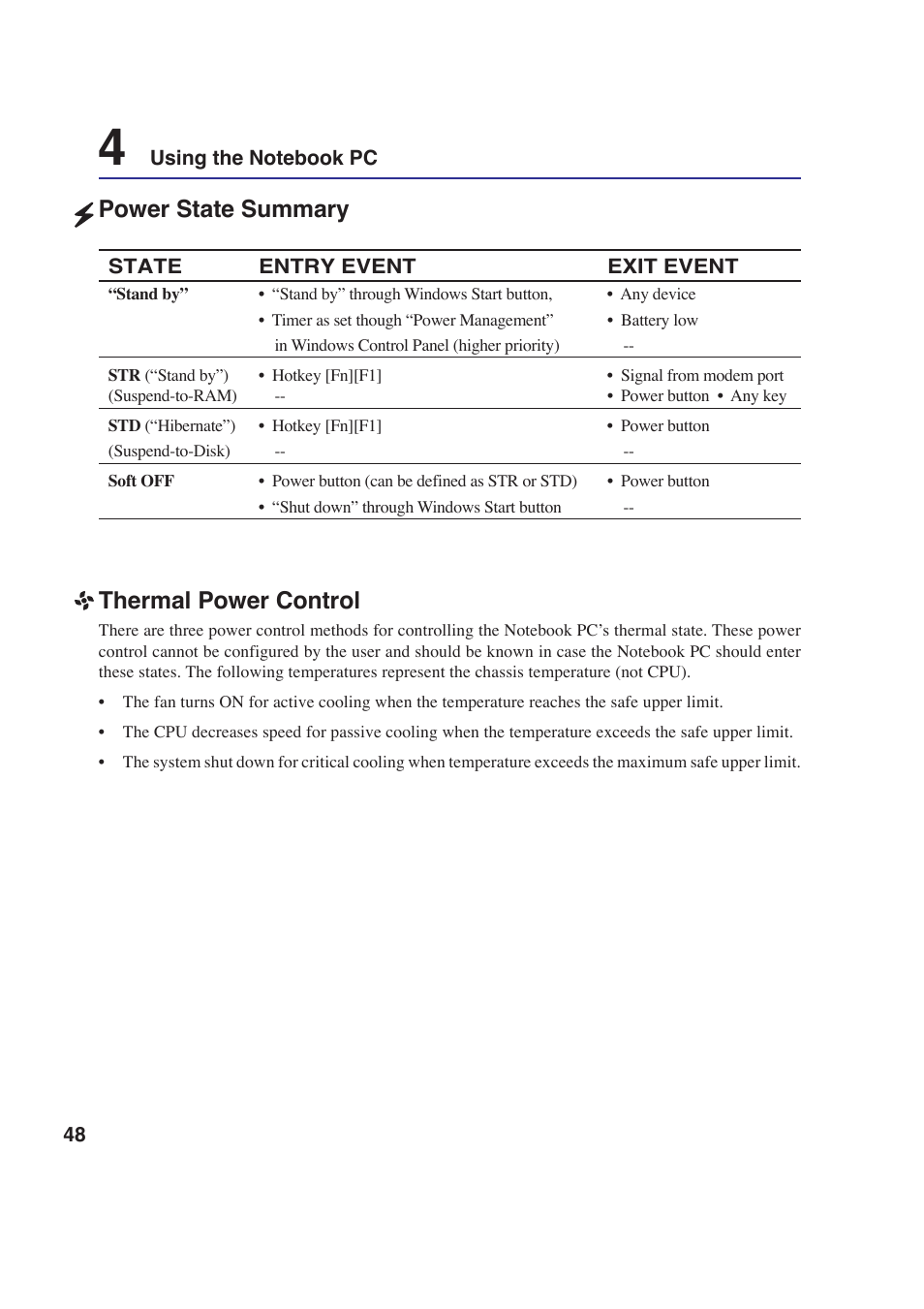 Power state summary, Thermal power control | Asus W2P User Manual | Page 48 / 73