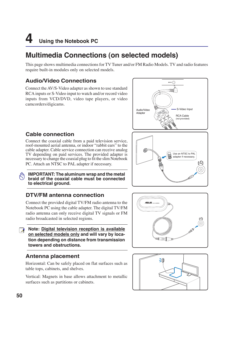 Multimedia connections (on selected models) | Asus W2P User Manual | Page 50 / 73