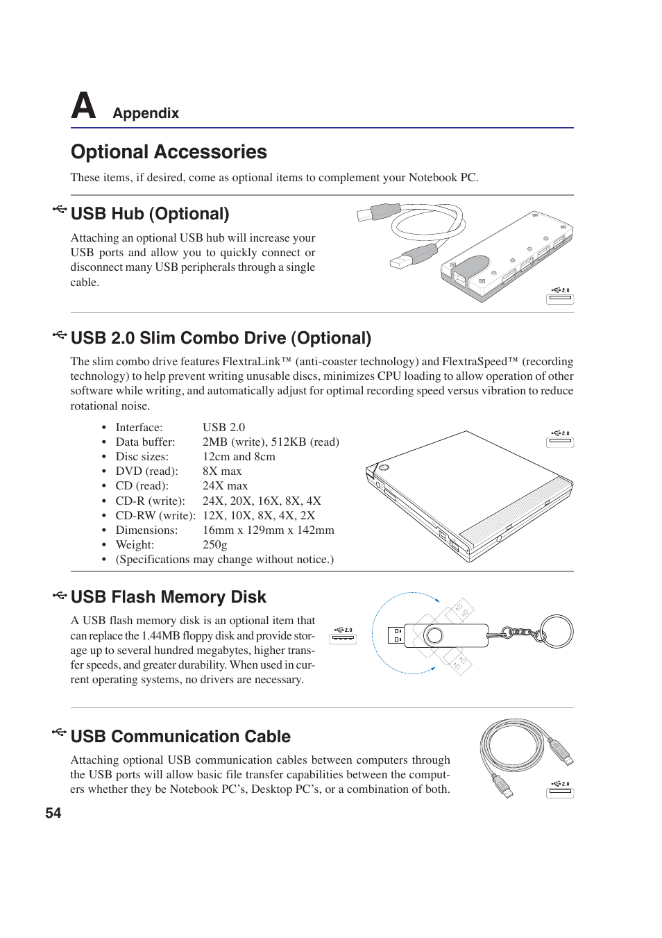 Optional accessories, Usb hub (optional), Usb 2.0 slim combo drive (optional) | Usb communication cable | Asus W2P User Manual | Page 54 / 73