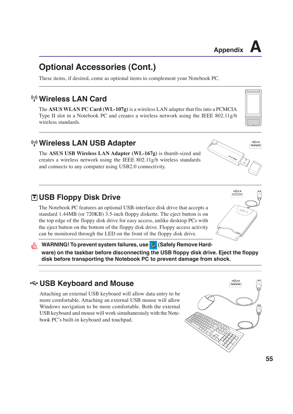 Optional accessories (cont.), Wireless lan card, Wireless lan usb adapter | Usb keyboard and mouse, Usb floppy disk drive | Asus W2P User Manual | Page 55 / 73