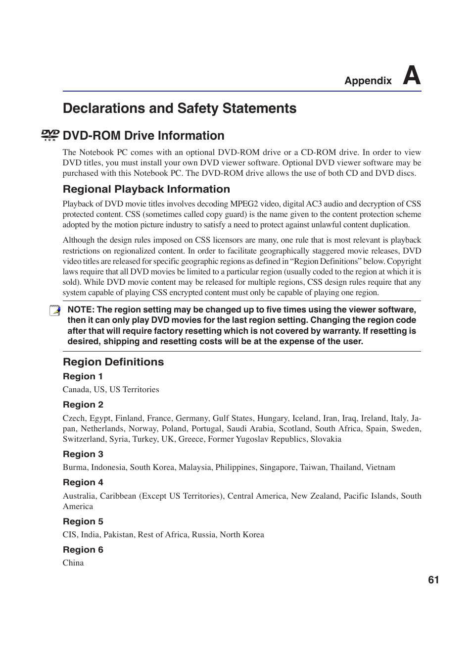Declarations and safety statements, Dvd-rom drive information | Asus W2P User Manual | Page 61 / 73