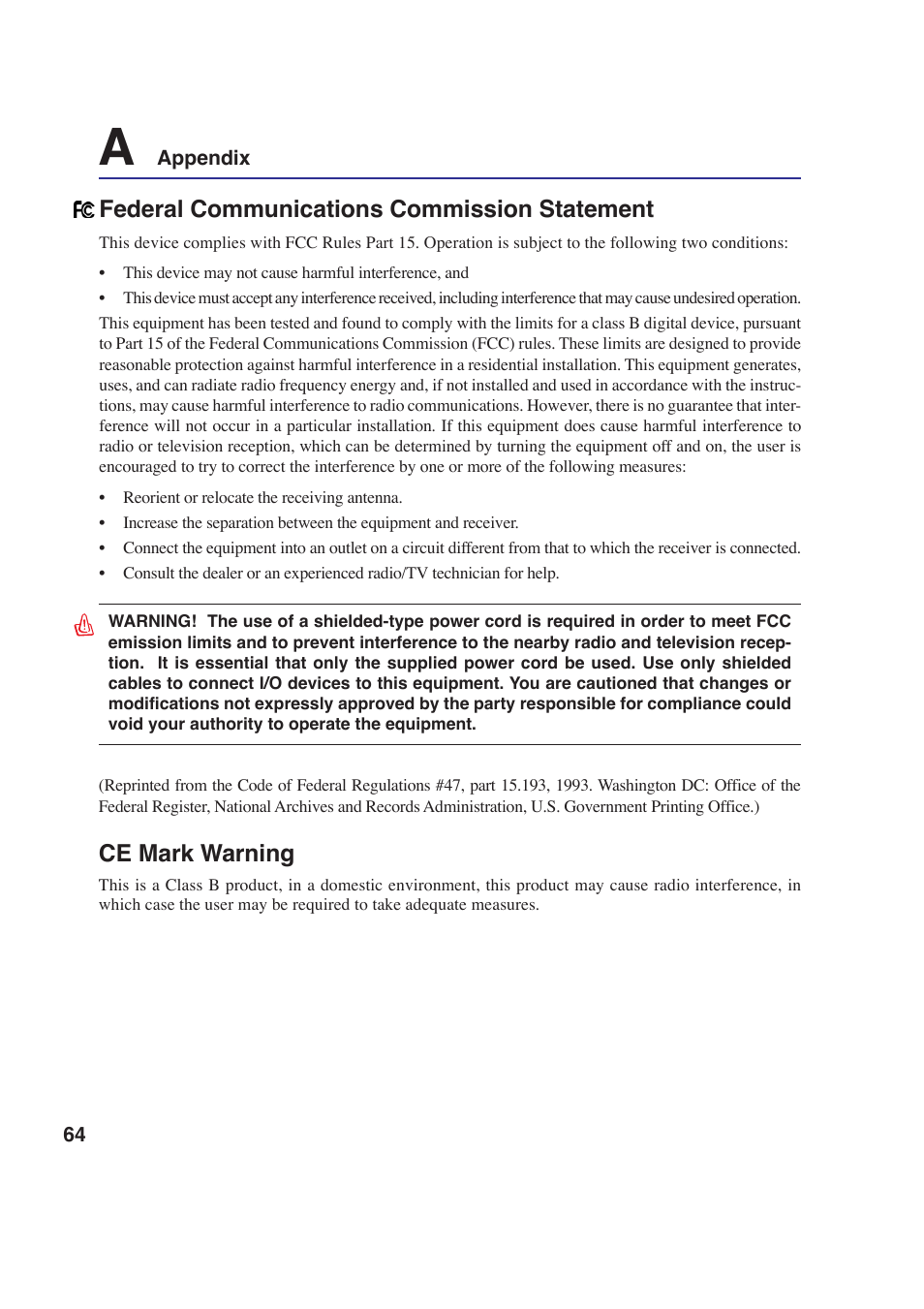 Ce mark warning, Federal communications commission statement | Asus W2P User Manual | Page 64 / 73