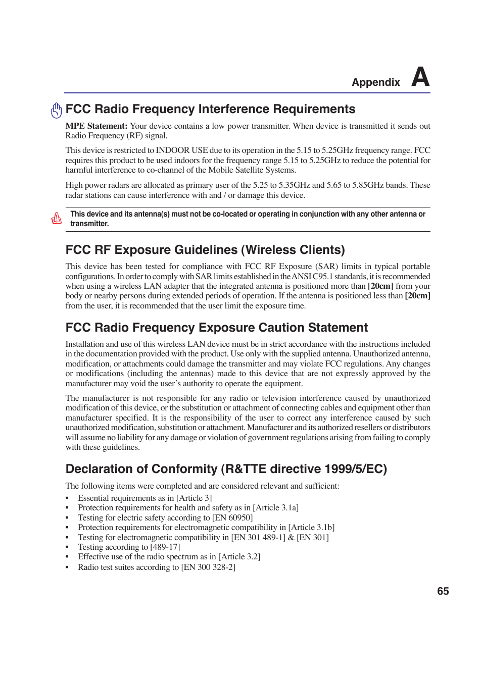 Fcc radio frequency interference requirements, Fcc rf exposure guidelines (wireless clients), Fcc radio frequency exposure caution statement | Asus W2P User Manual | Page 65 / 73