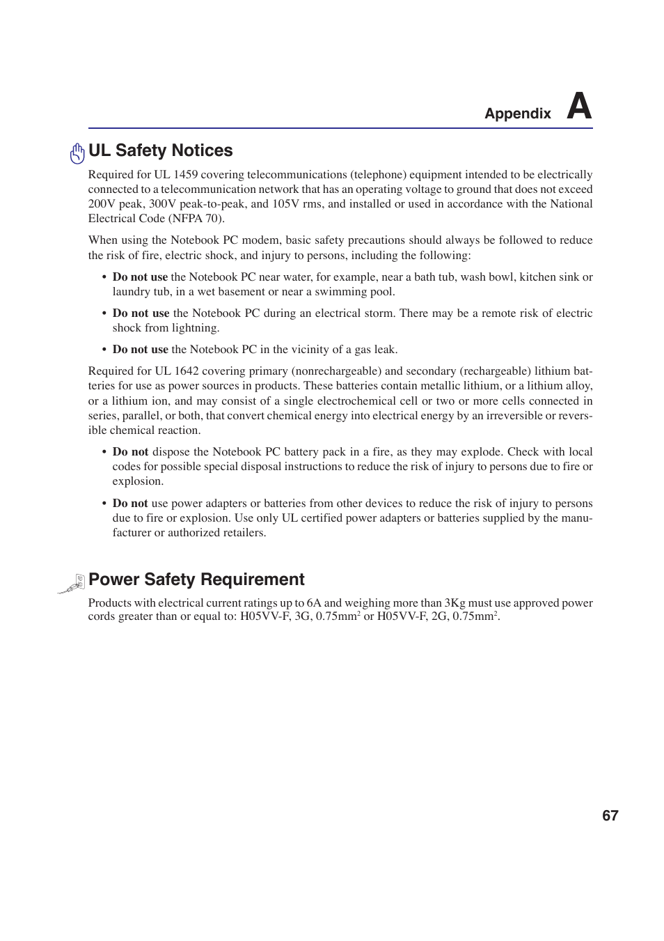 Ul safety notices, Power safety requirement | Asus W2P User Manual | Page 67 / 73