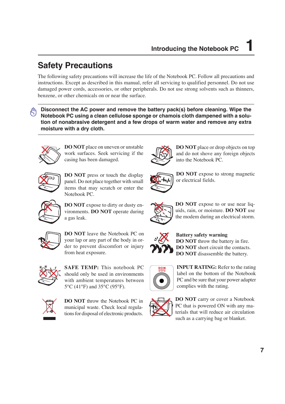 Safety precautions | Asus W2P User Manual | Page 7 / 73