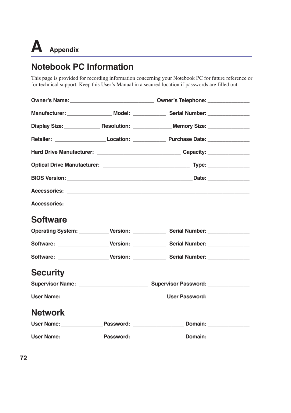 Software, Security, Network | Asus W2P User Manual | Page 72 / 73