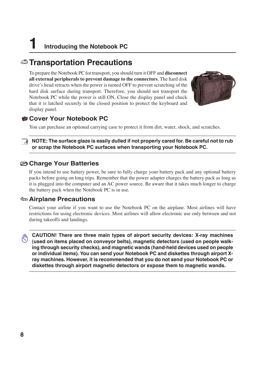 Transportation precautions | Asus W2P User Manual | Page 8 / 73