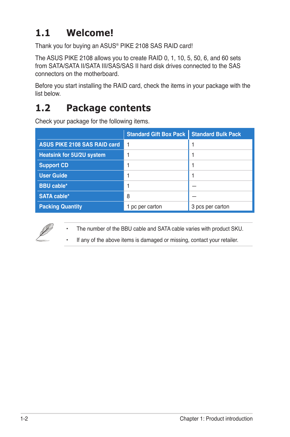 1 welcome, 2 package contents, Welcome! -2 | Package contents -2 | Asus PIKE 2108 User Manual | Page 10 / 84