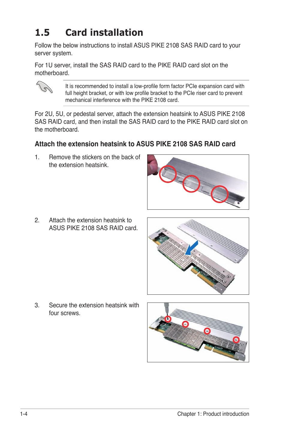 5 card installation, Card installation -4 | Asus PIKE 2108 User Manual | Page 12 / 84