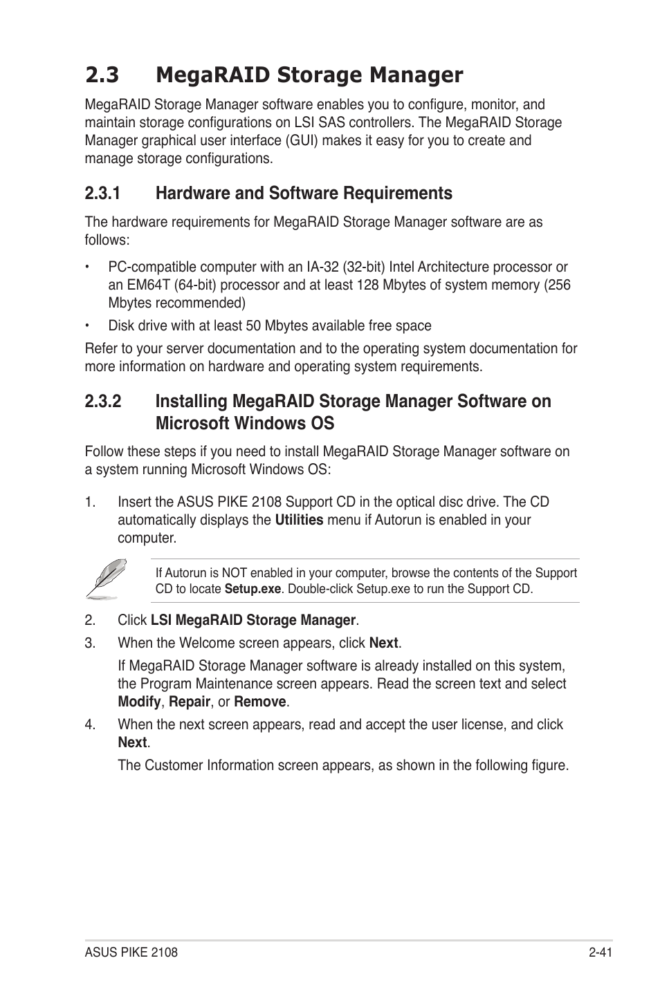 3 megaraid storage manager, 1 hardware and software requirements, Megaraid storage manager -41 2.3.1 | Hardware and software requirements -41, Installing megaraid storage manager software on, Microsoft windows os -41 | Asus PIKE 2108 User Manual | Page 55 / 84