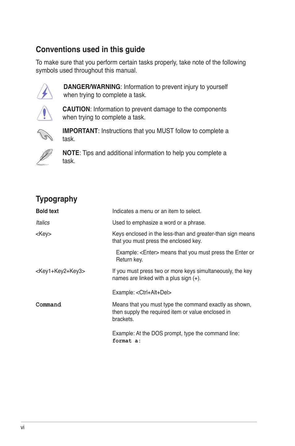 Typography, Conventions used in this guide | Asus PIKE 2108 User Manual | Page 6 / 84