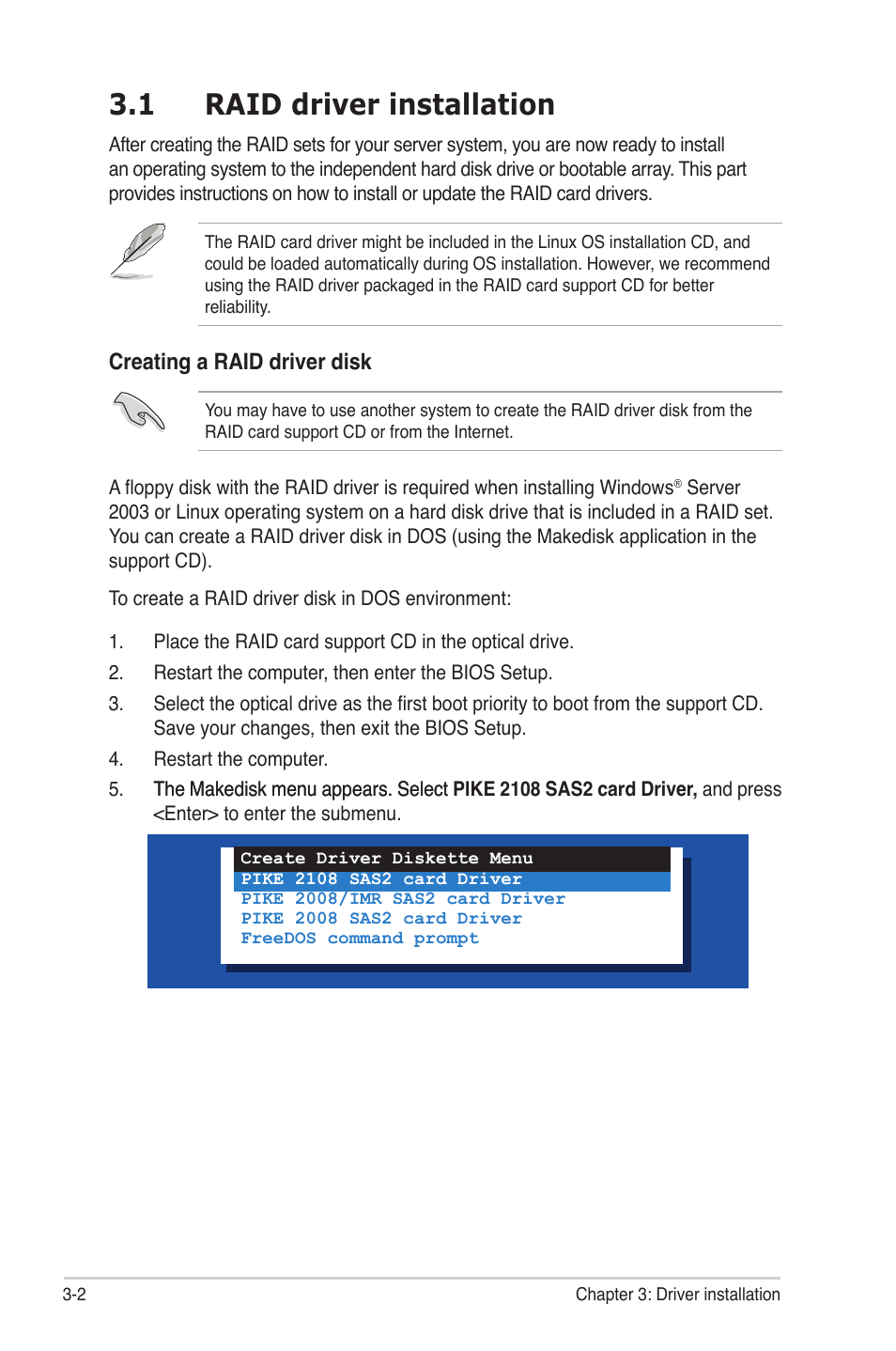 1 raid driver installation, Raid driver installation -2 | Asus PIKE 2108 User Manual | Page 68 / 84