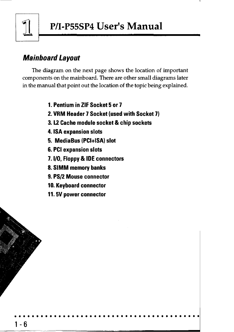 Mainboard layout, Mainboard layout -6, User's manual | P/i-p55sp4 | Asus P55SP4 User Manual | Page 11 / 82