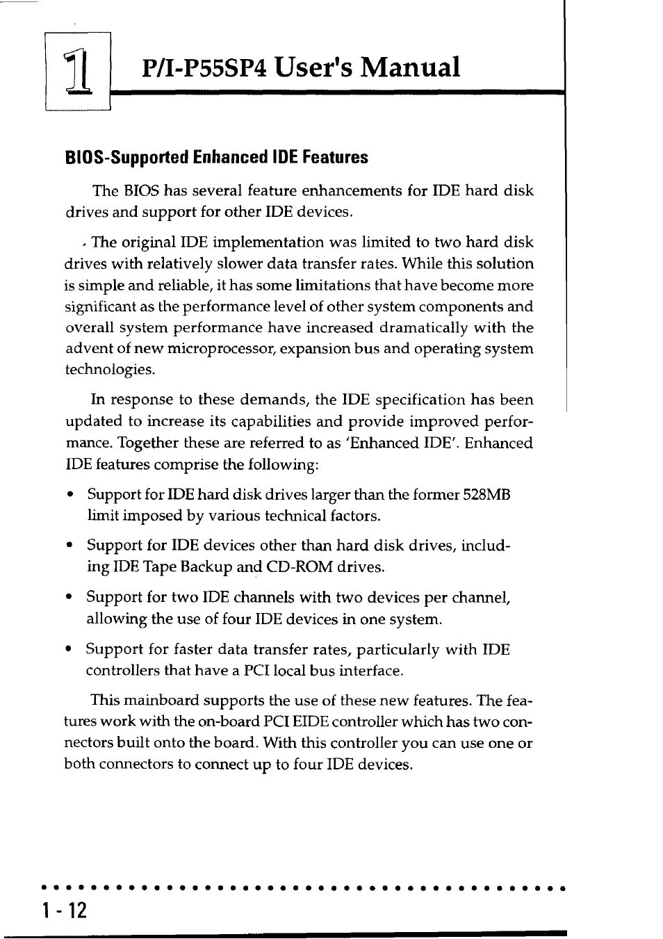 Bios-supported enhanced ide features, User's manual, P/i-p55sp4 | Asus P55SP4 User Manual | Page 17 / 82