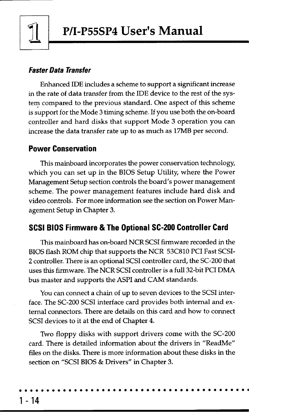 Faster data transfer, Power conservation, Faster data trcinsfer -14 | User's manual, P/i-p55sp4 | Asus P55SP4 User Manual | Page 19 / 82