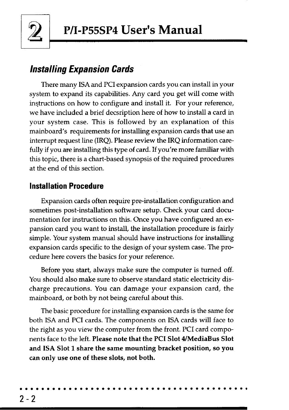 Installing expansion cards, Installation procedure, Installing expansion cards -2 | Installation procedure -2, User's manual, P/i-p55sp4 | Asus P55SP4 User Manual | Page 21 / 82