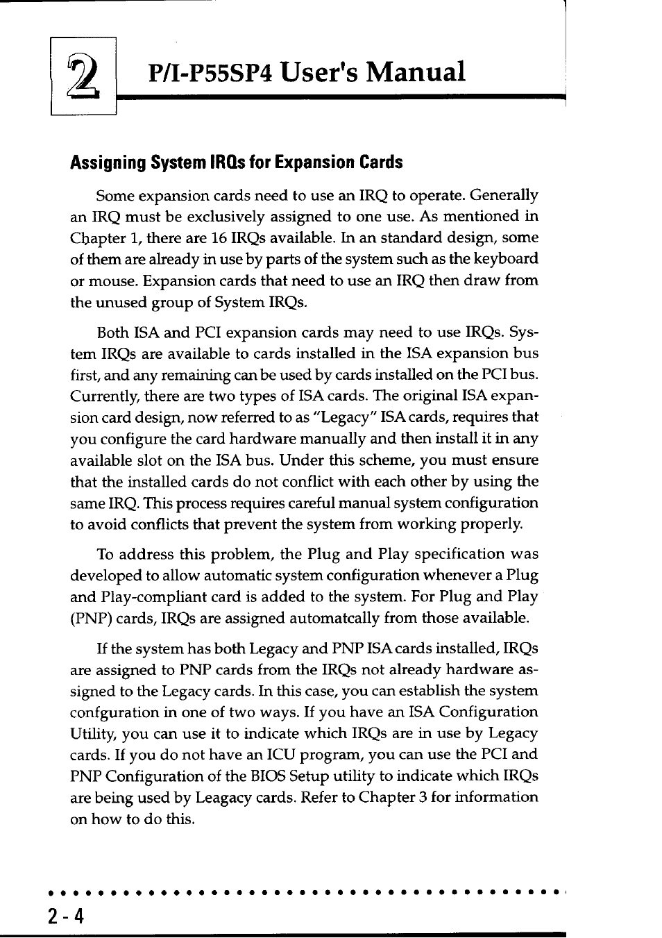 Assigning system irqs for expansion cards, User's manual, P/i-p55sp4 | Asus P55SP4 User Manual | Page 23 / 82