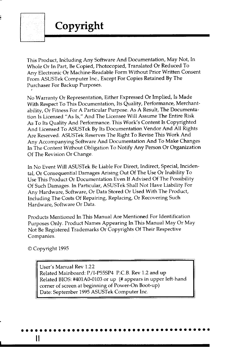Copyright | Asus P55SP4 User Manual | Page 3 / 82