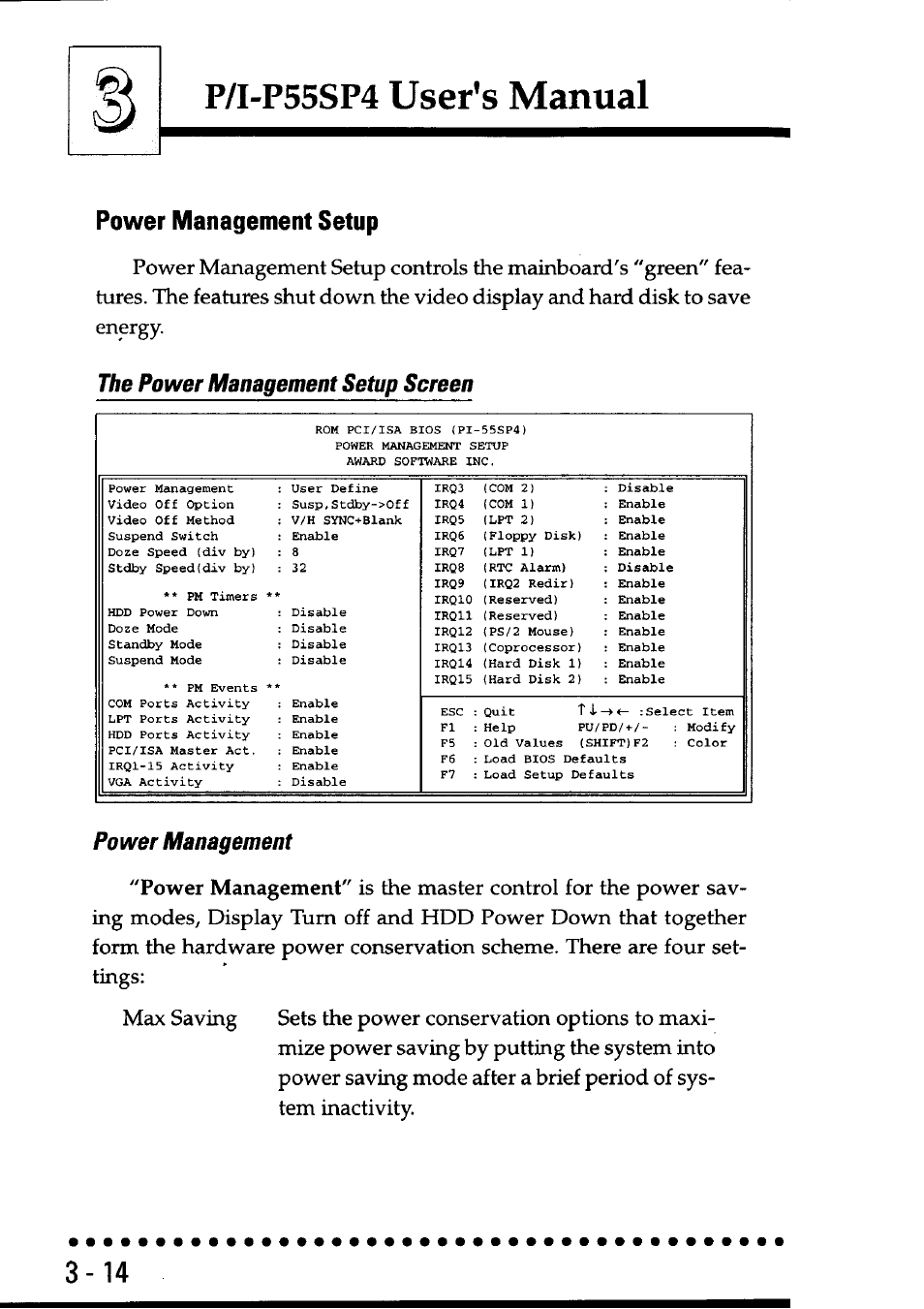 Power management setup, The power management setup screen, Power management | User's manual, P/i-p55sp4 | Asus P55SP4 User Manual | Page 43 / 82