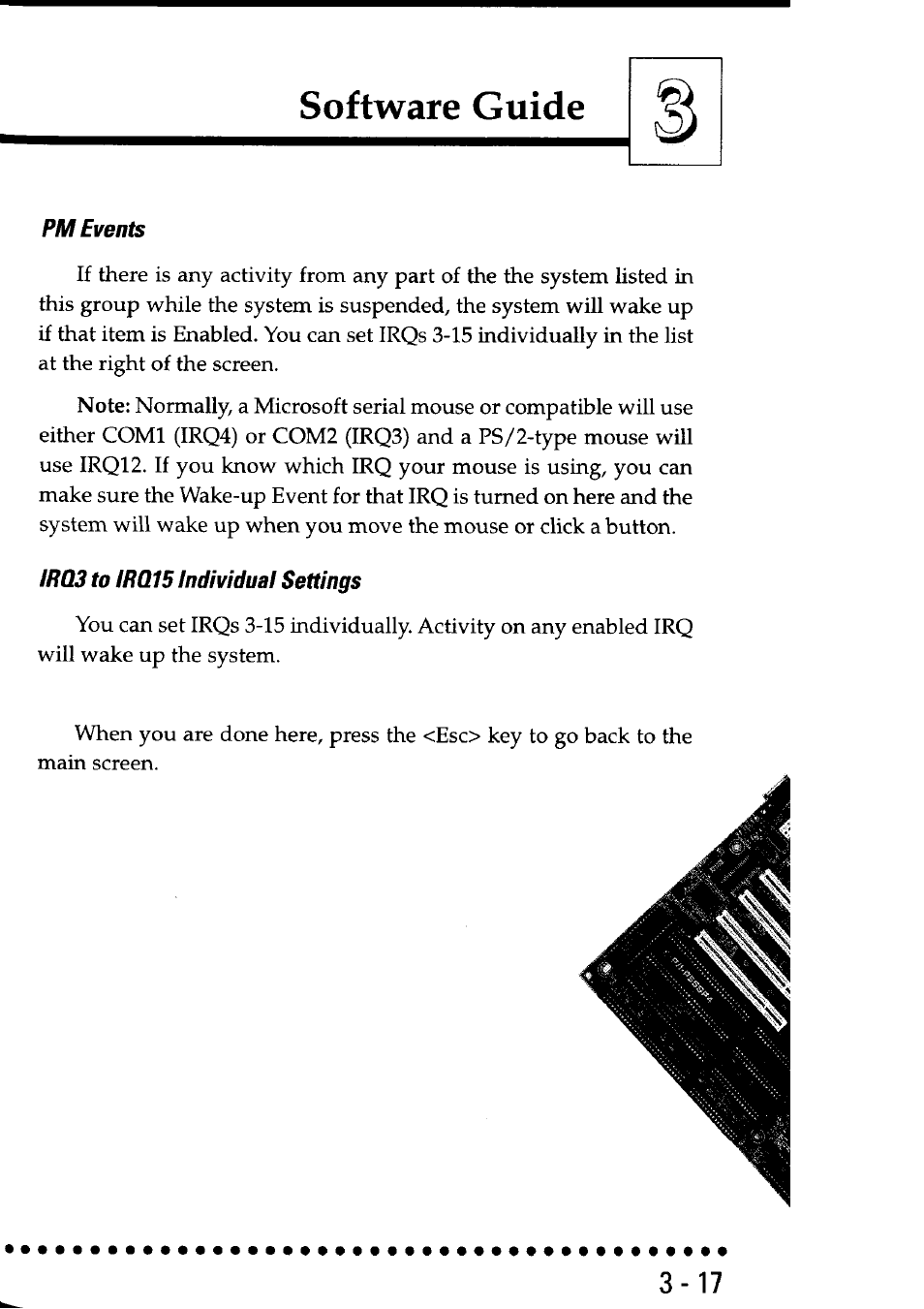 Pm events, Irqs to irq15 individual settings, Software guide | Asus P55SP4 User Manual | Page 46 / 82