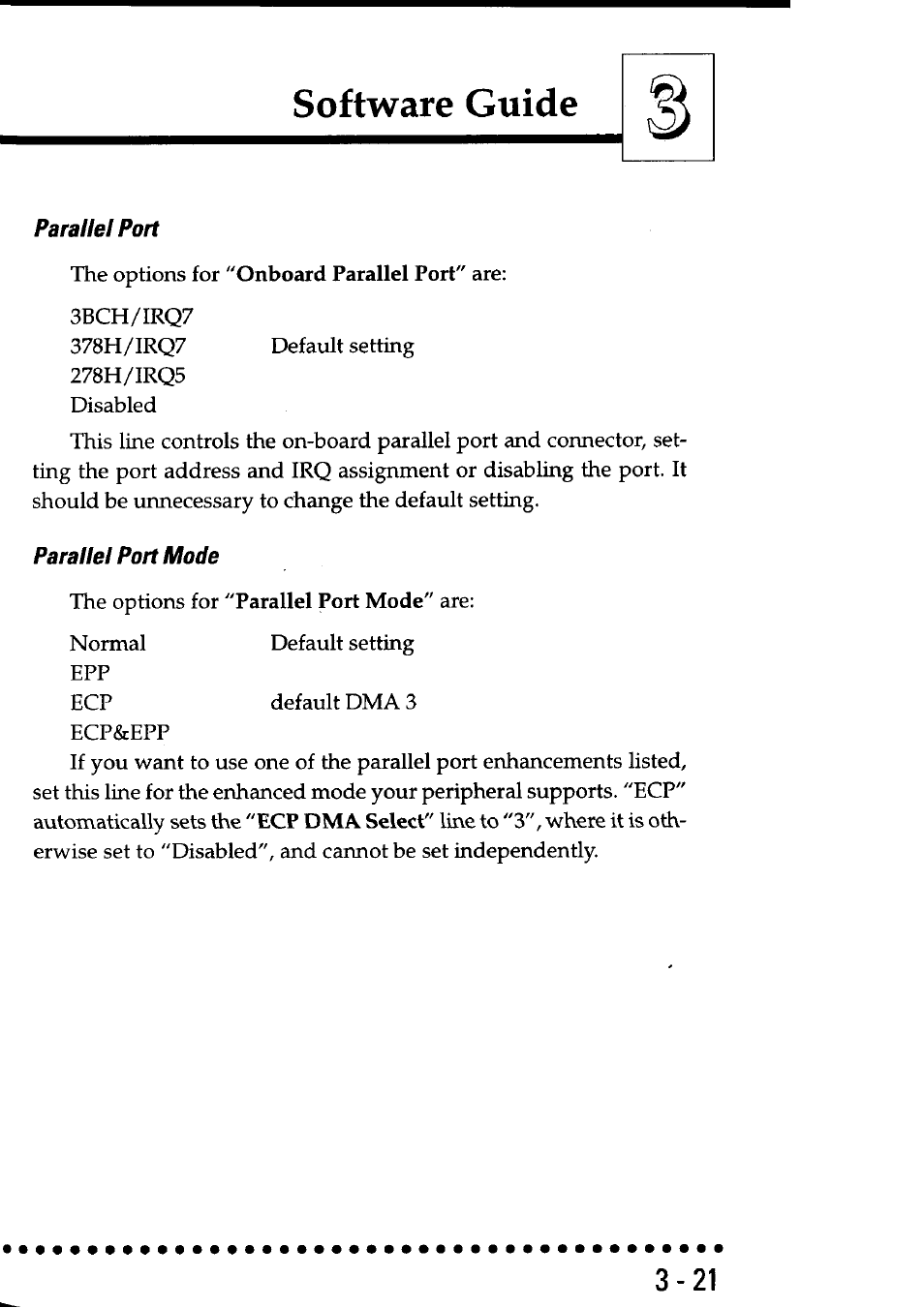 Parallel port, Parallel port mode, Software guide | Asus P55SP4 User Manual | Page 50 / 82