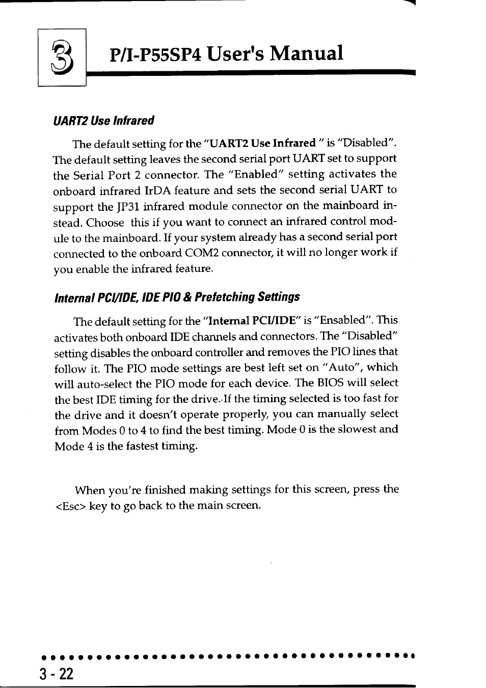 Uart2 use infrared, Internal pci/ide, ide pio & prefetching settings, User’s manual | P/i-p55sp4 | Asus P55SP4 User Manual | Page 51 / 82
