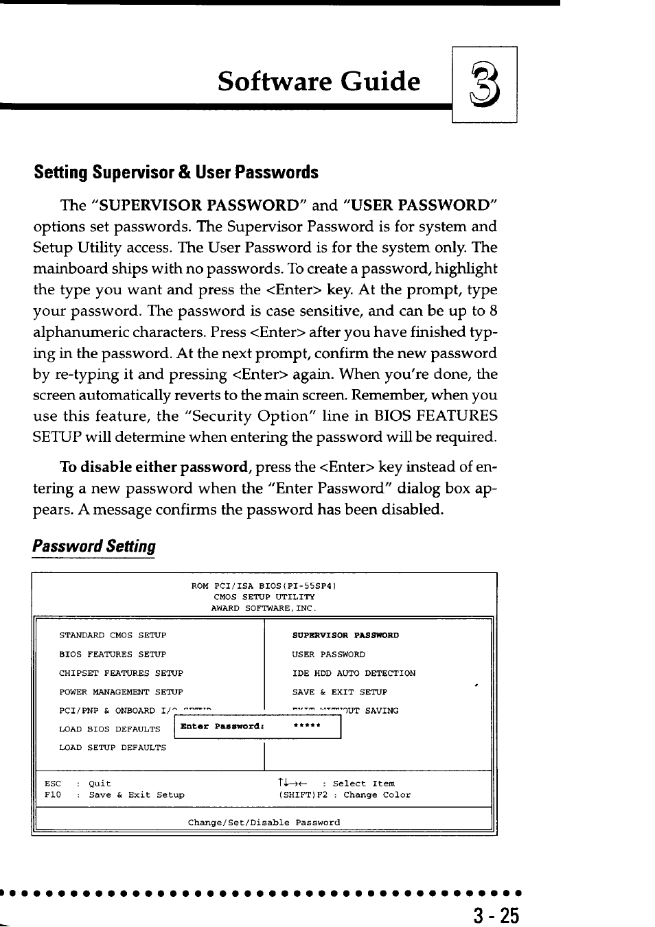 Setting supervisor & user passwords, Password setting, Software guide | Asus P55SP4 User Manual | Page 54 / 82