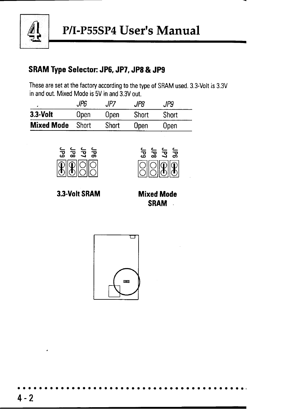 Sram type selector jpg, jp7, jp8 & jp9, Mixed mode sram, Sram type selector: jp6, jp7, jp8 & jp9 -2 | User’s manual, P/i-p55sp4 | Asus P55SP4 User Manual | Page 65 / 82