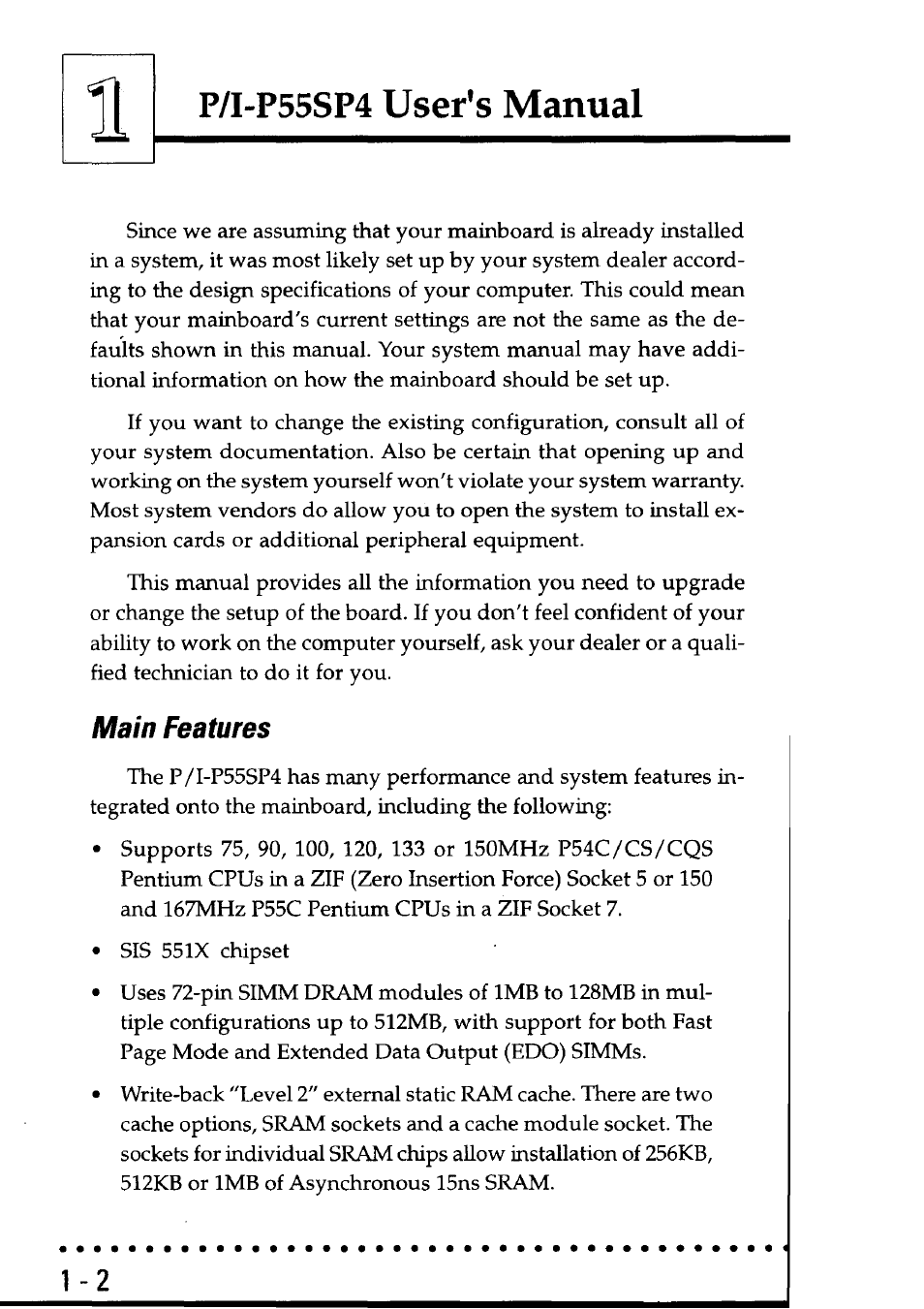 Main features, User's manual, P/i-p55sp4 | Asus P55SP4 User Manual | Page 7 / 82