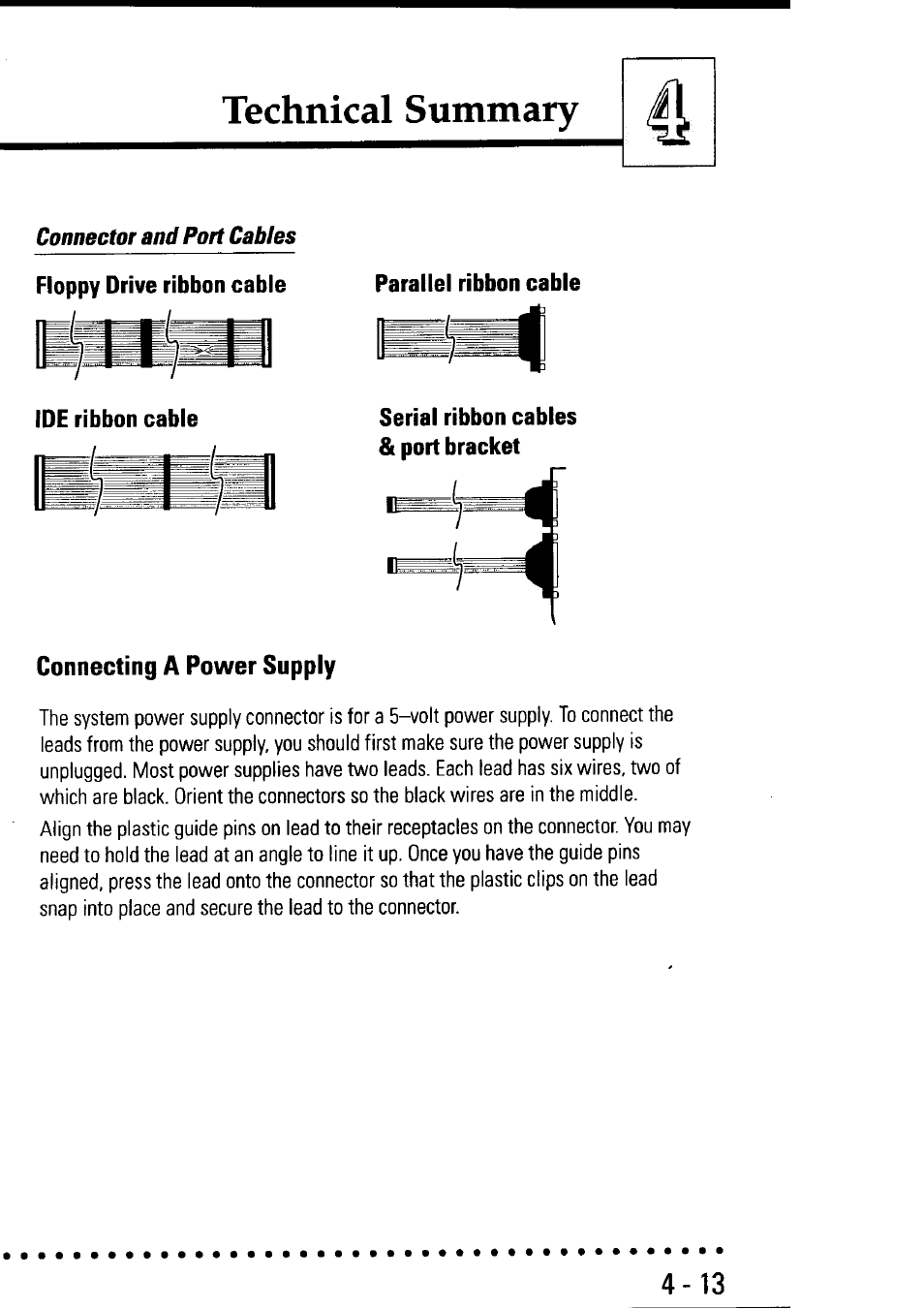 Parallel ribbon cable, Connecting a power supply, Technical summary | Asus P55SP4 User Manual | Page 76 / 82