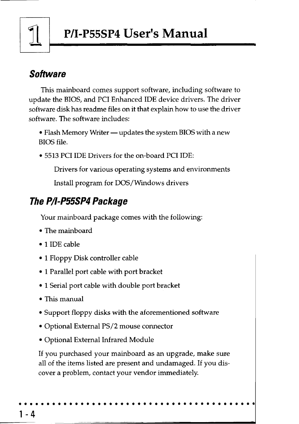 Software, The p/i-p55sp4 package, Software -4 the p/i-p55sp4 package -4 | User’s manual, P/i-p55sp4 | Asus P55SP4 User Manual | Page 9 / 82