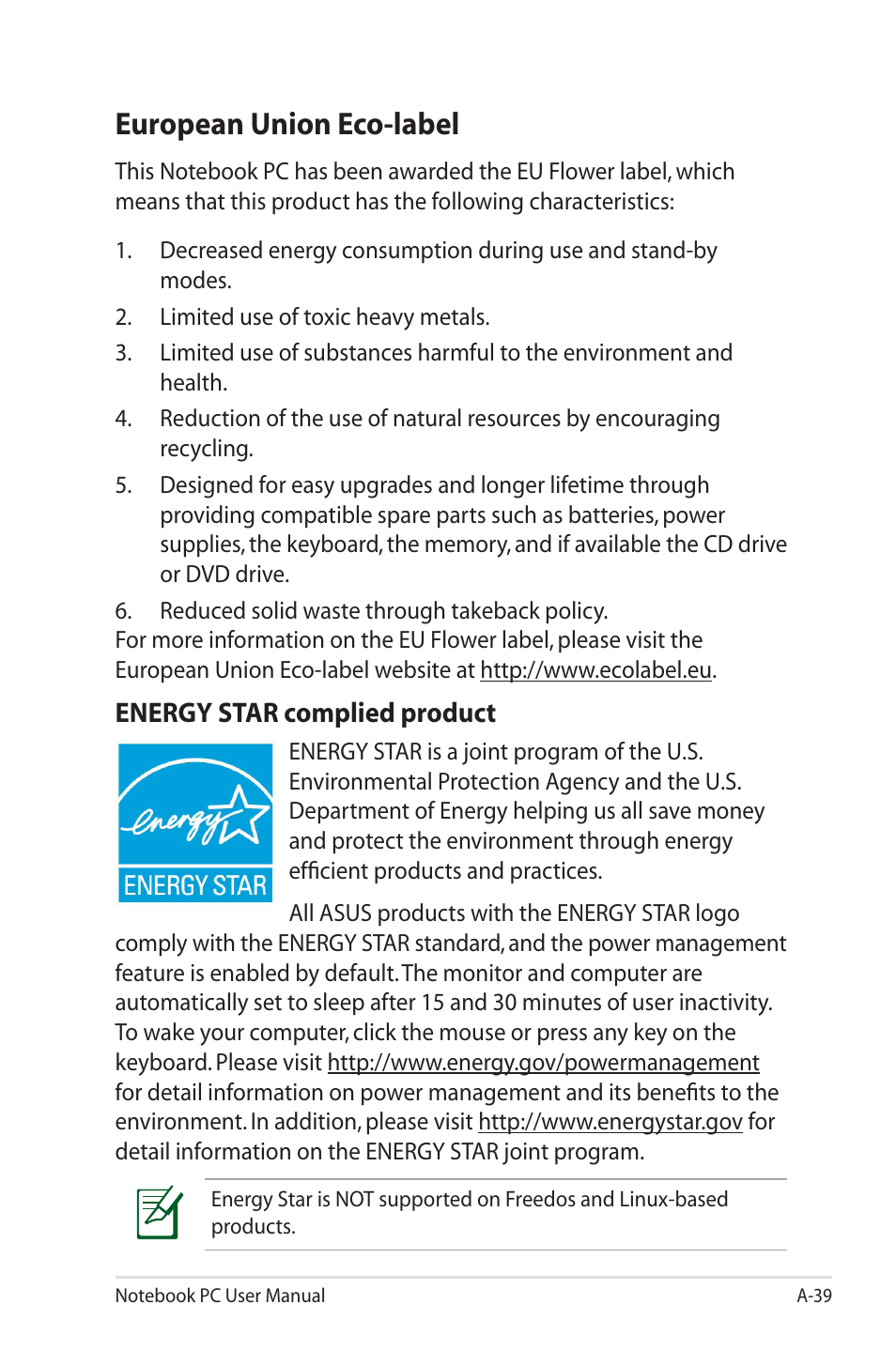 European union eco-label, Energy star complied product | Asus R700VM User Manual | Page 111 / 116
