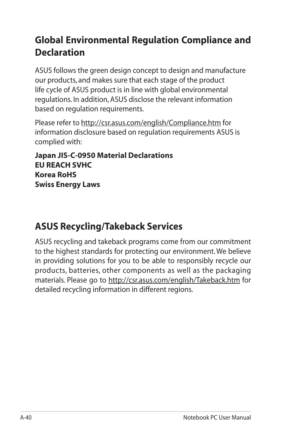 Asus recycling/takeback services, Global environmental regulation compliance and | Asus R700VM User Manual | Page 112 / 116